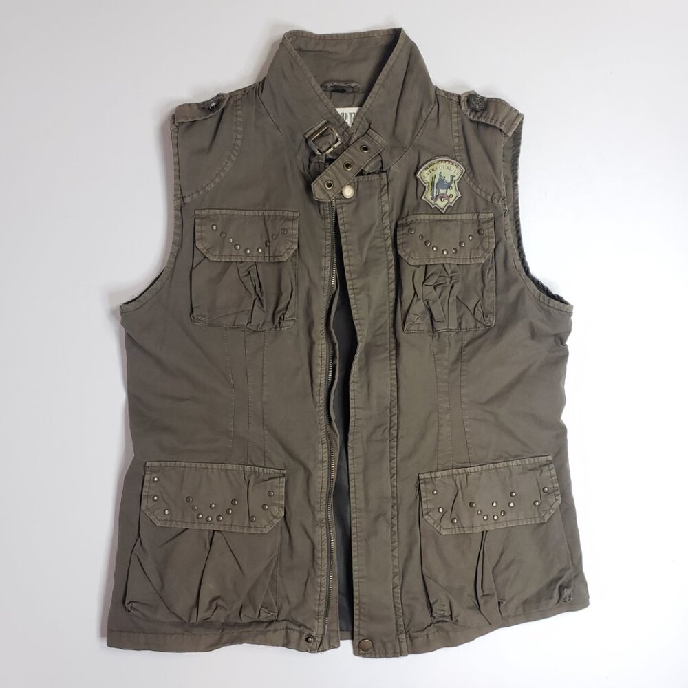 Mrs Pepper Utility Cargo Vest Women L Olive Green Cotton Pockets Studded Vtg Y2K